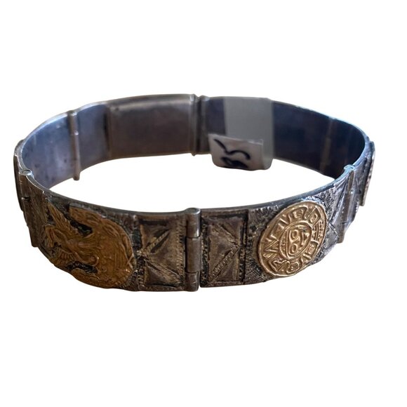 Vintage Mexican Sterling Silver & Gold Accented Panel Bracelet - Picture 4 of 16